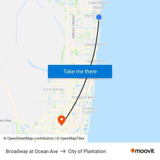 Broadway at Ocean Ave to City of Plantation map