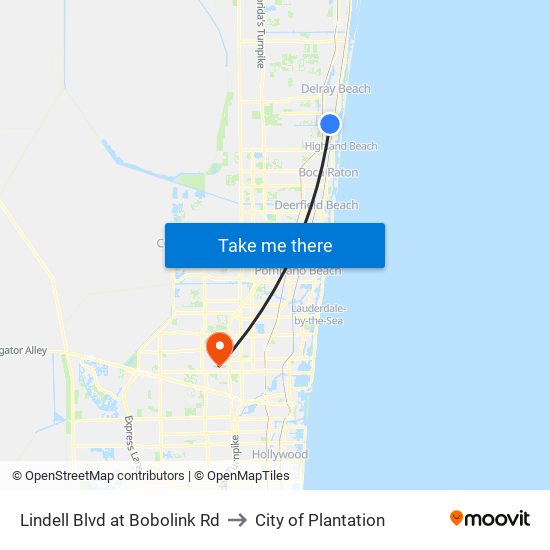 Lindell Blvd at  Bobolink Rd to City of Plantation map