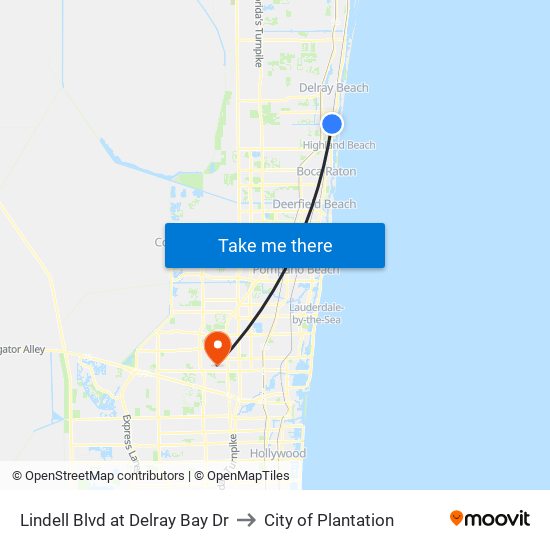 Lindell Blvd at Delray Bay Dr to City of Plantation map