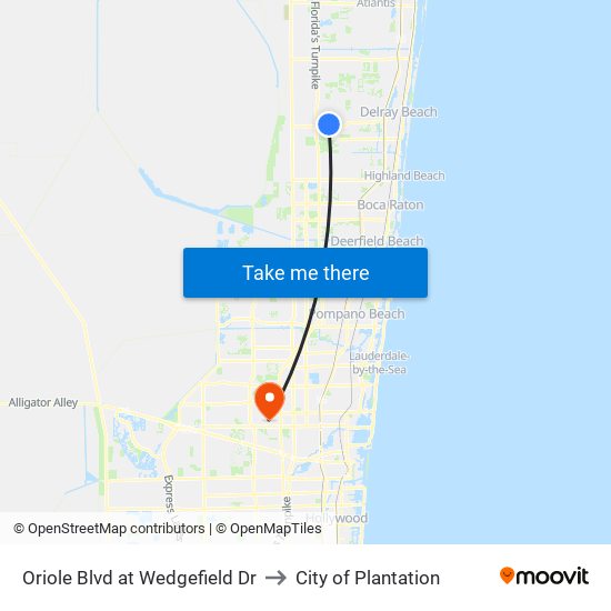 Oriole Blvd at Wedgefield Dr to City of Plantation map