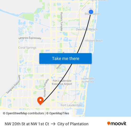 NW 20th St at NW 1st Ct to City of Plantation map