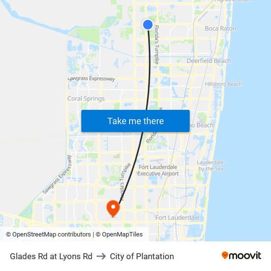 Glades Rd at Lyons Rd to City of Plantation map