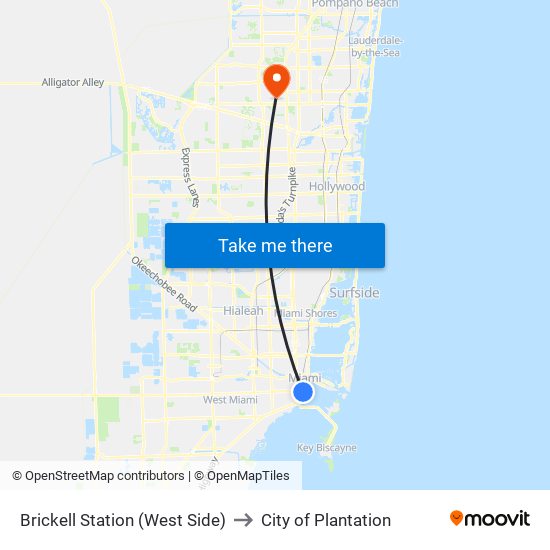 Brickell Station (West Side) to City of Plantation map