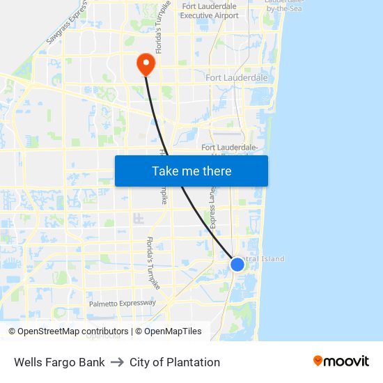 Wells Fargo Bank to City of Plantation map