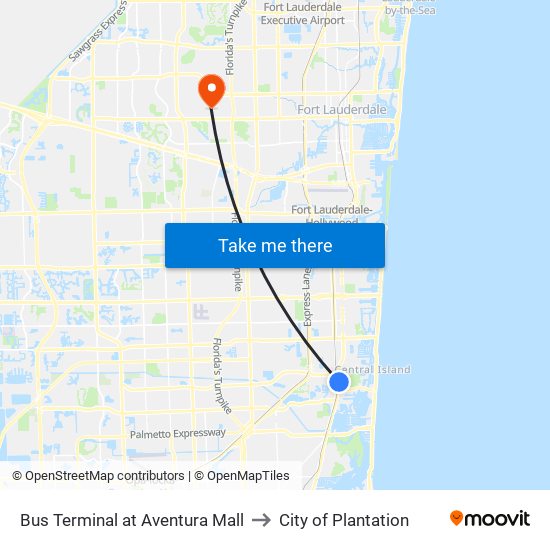 Bus Terminal at Aventura Mall to City of Plantation map