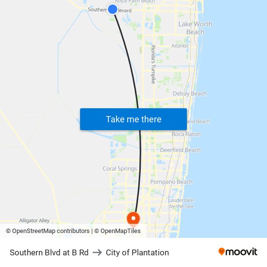 Southern Blvd at B Rd to City of Plantation map