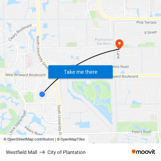 Westfield Mall to City of Plantation map