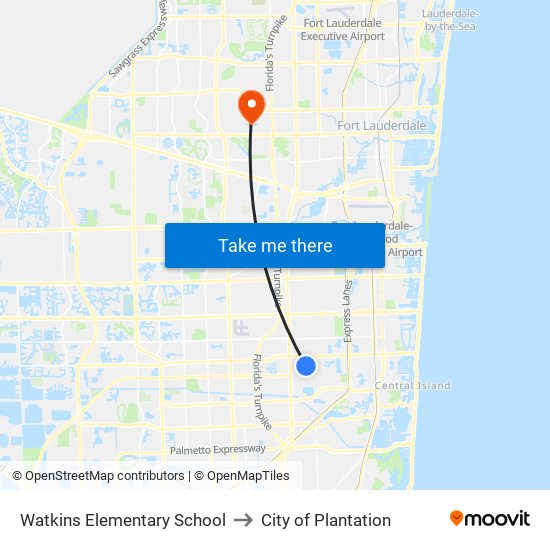 Watkins Elementary School to City of Plantation map