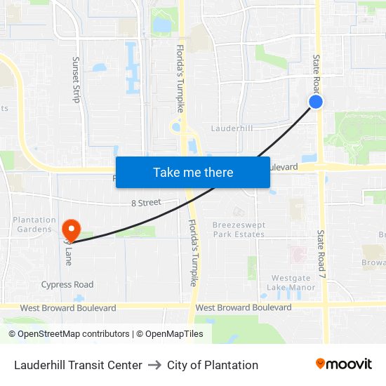 Lauderhill Transit Center to City of Plantation map