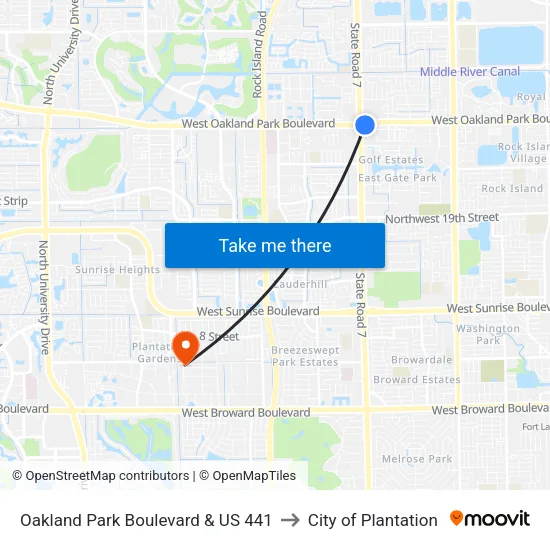 Oakland Park Boulevard & US 441 to City of Plantation map