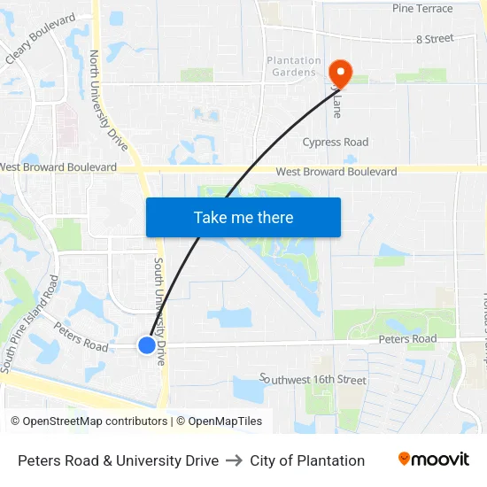 Peters Road & University Drive to City of Plantation map