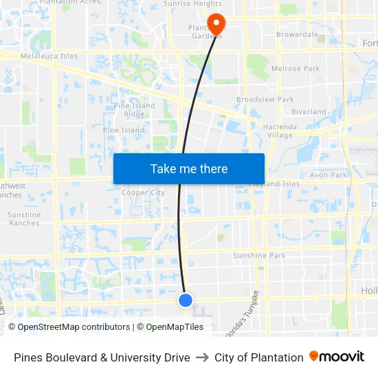 Pines Boulevard & University Drive to City of Plantation map
