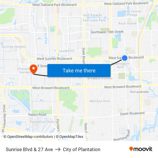 Sunrise Blvd & 27 Ave to City of Plantation map