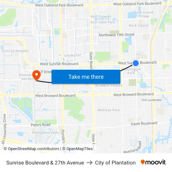 Sunrise Boulevard & 27th Avenue to City of Plantation map
