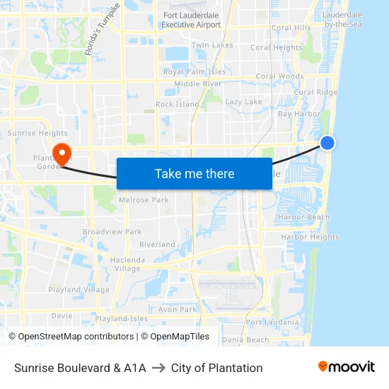 Sunrise Boulevard & A1A to City of Plantation map