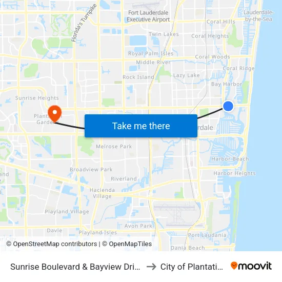 Sunrise Boulevard & Bayview Drive to City of Plantation map