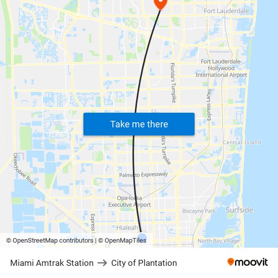 Miami Amtrak Station to City of Plantation map