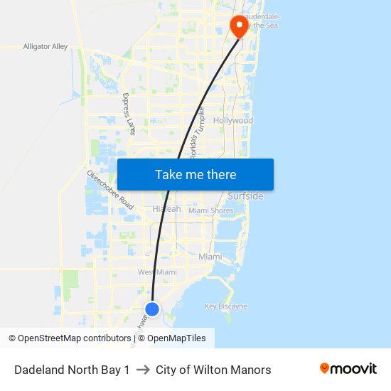Dadeland North Bay 1 to City of Wilton Manors map
