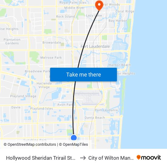Hollywood Sheridan Trirail Station to City of Wilton Manors map