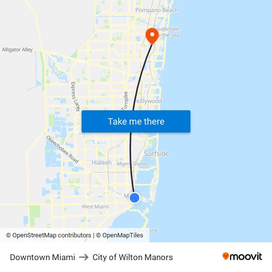 Downtown Miami to City of Wilton Manors map