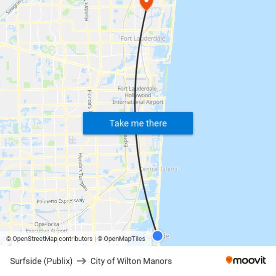 Surfside (Publix) to City of Wilton Manors map