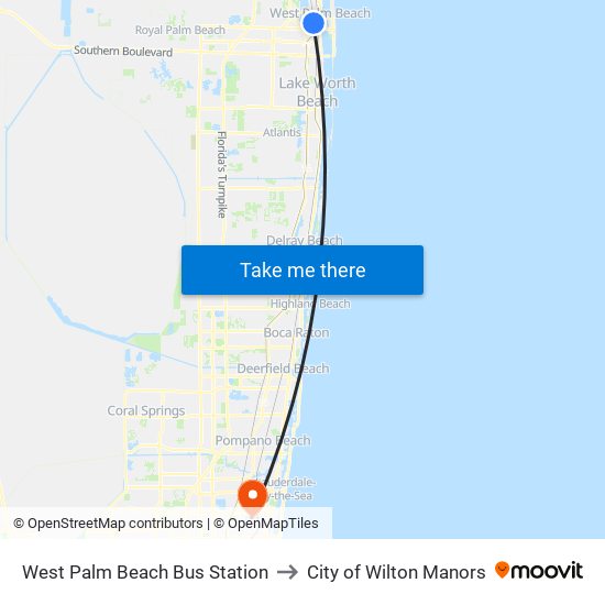 West Palm Beach Bus Station to City of Wilton Manors map