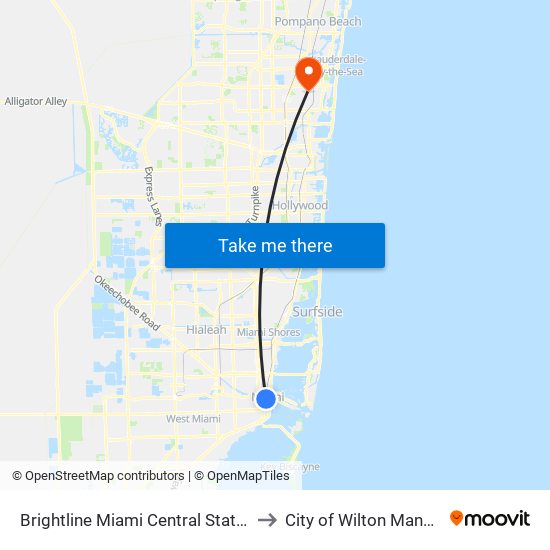 Brightline Miami Central Station to City of Wilton Manors map