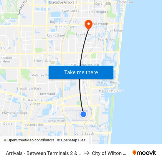 Arrivals - Between Terminals 2 & 3 - Zone F to City of Wilton Manors map