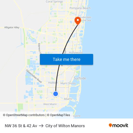 NW 36 St & 42 Av to City of Wilton Manors map