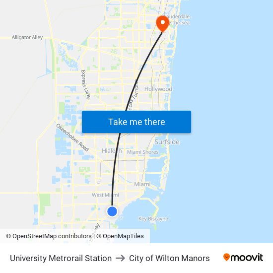 University Metrorail Station to City of Wilton Manors map