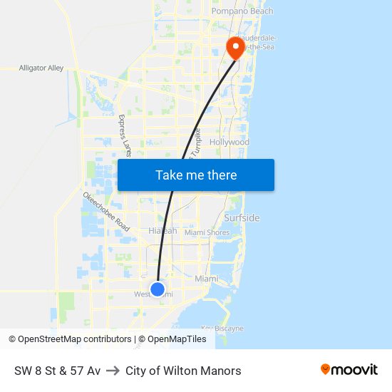 SW 8 St & 57 Av to City of Wilton Manors map