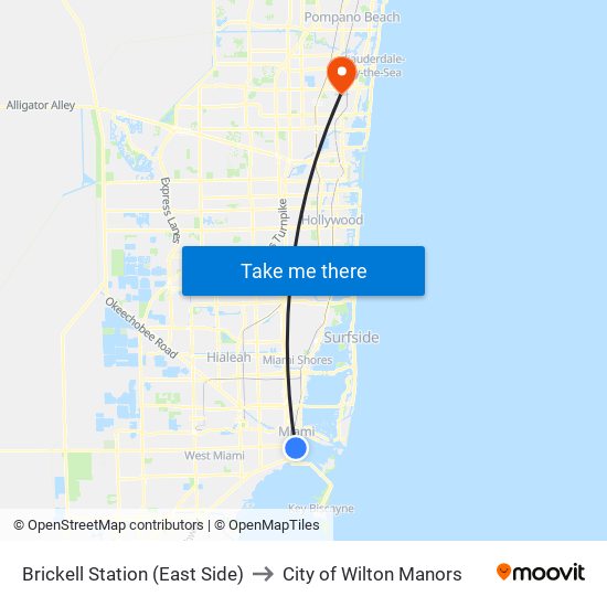 Brickell Station (East Side) to City of Wilton Manors map