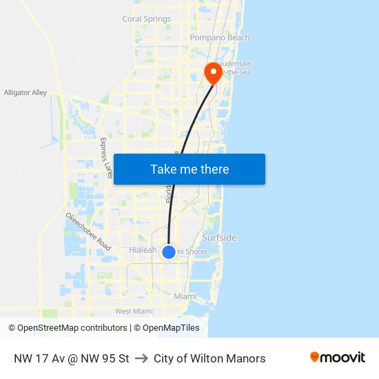 NW 17 Av @ NW 95 St to City of Wilton Manors map