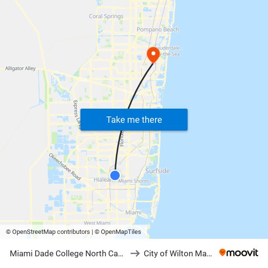 Miami Dade College North Campus to City of Wilton Manors map