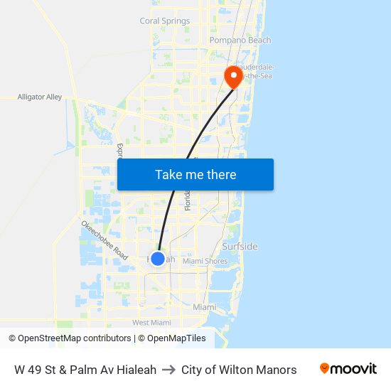 W 49 St & Palm Av Hialeah to City of Wilton Manors map