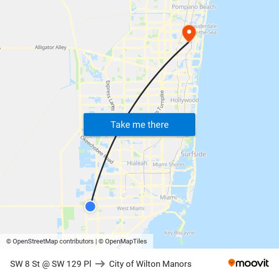 SW 8 St @ SW 129 Pl to City of Wilton Manors map