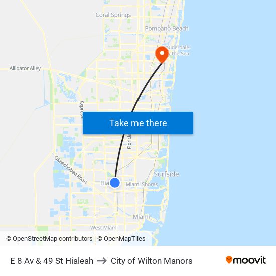 E 8 Av & 49 St Hialeah to City of Wilton Manors map