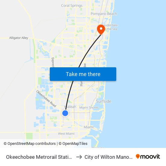 Okeechobee Metrorail Station to City of Wilton Manors map