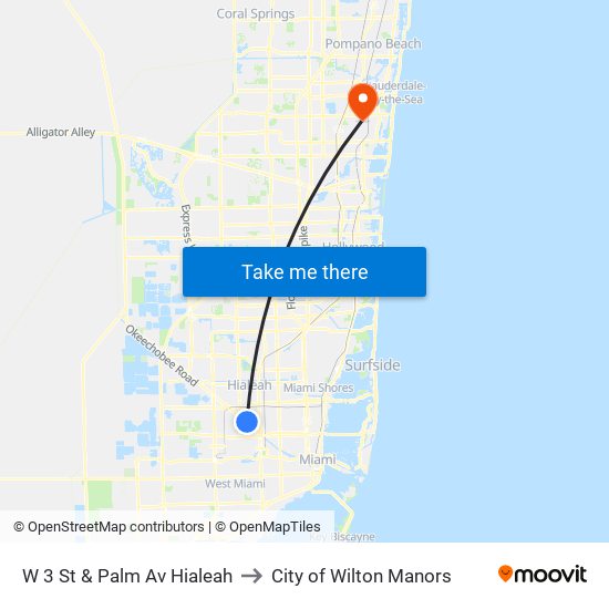 W 3 St & Palm Av Hialeah to City of Wilton Manors map