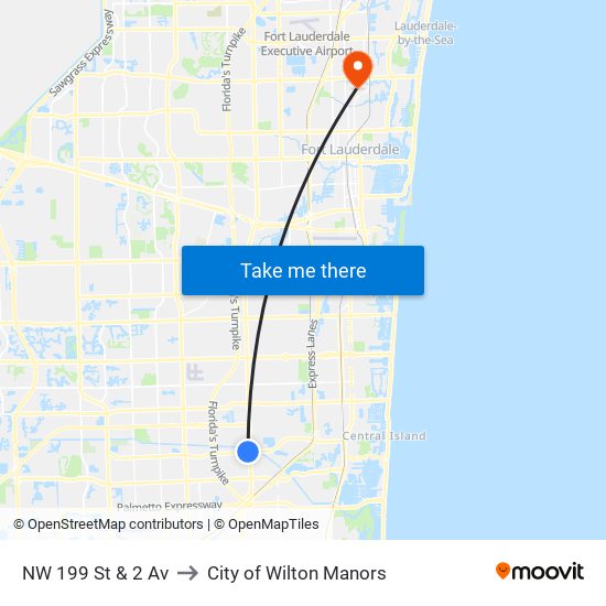 NW 199 St & 2 Av to City of Wilton Manors map