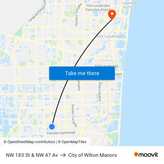 NW 183 St & NW 47 Av to City of Wilton Manors map