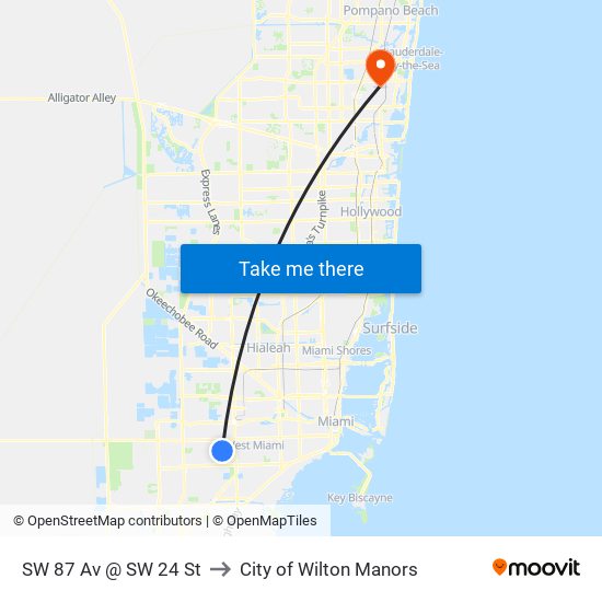 SW 87 Av @ SW 24 St to City of Wilton Manors map