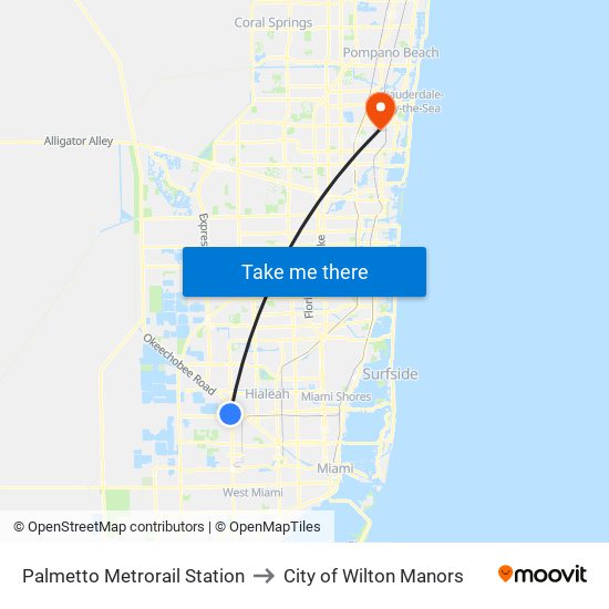 Palmetto Metrorail Station to City of Wilton Manors map