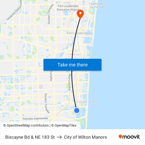 Biscayne Bd & NE 183 St to City of Wilton Manors map