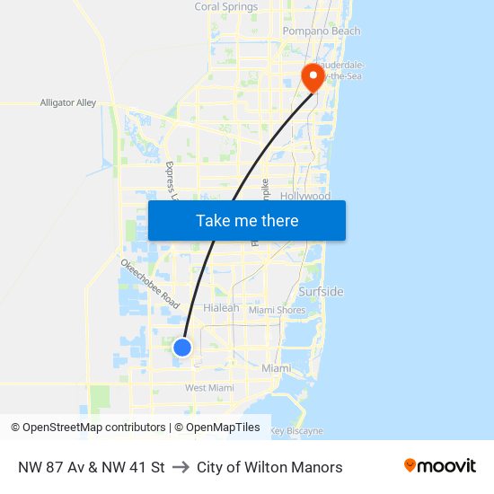 NW 87 Av & NW 41 St to City of Wilton Manors map