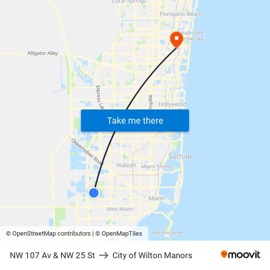 NW 107 Av & NW 25 St to City of Wilton Manors map