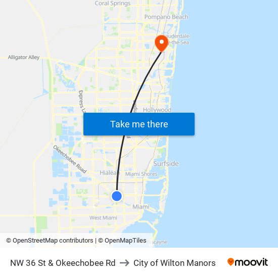 NW 36 St & Okeechobee Rd to City of Wilton Manors map