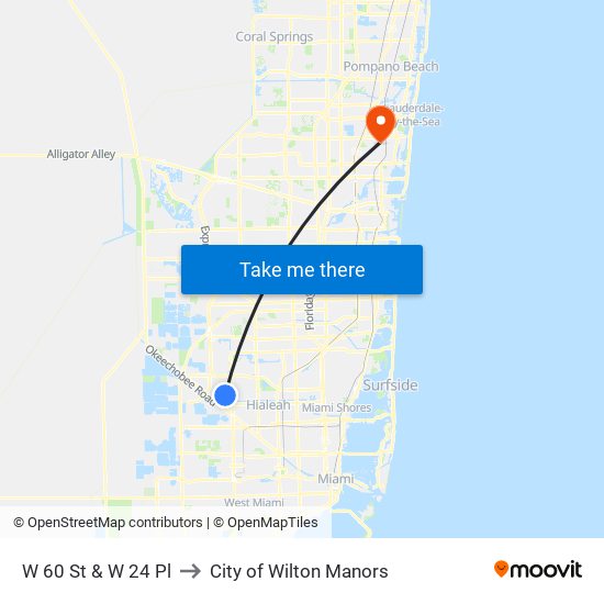 W 60 St & W 24 Pl to City of Wilton Manors map