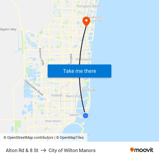 Alton Rd & 8 St to City of Wilton Manors map