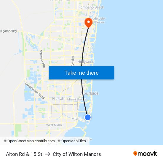 Alton Rd & 15 St to City of Wilton Manors map